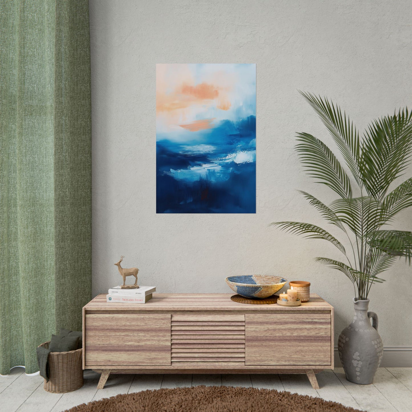 Serene Summer Waves: Dynamic Abstract Artwork in Blue and Sunset Orange (20017)