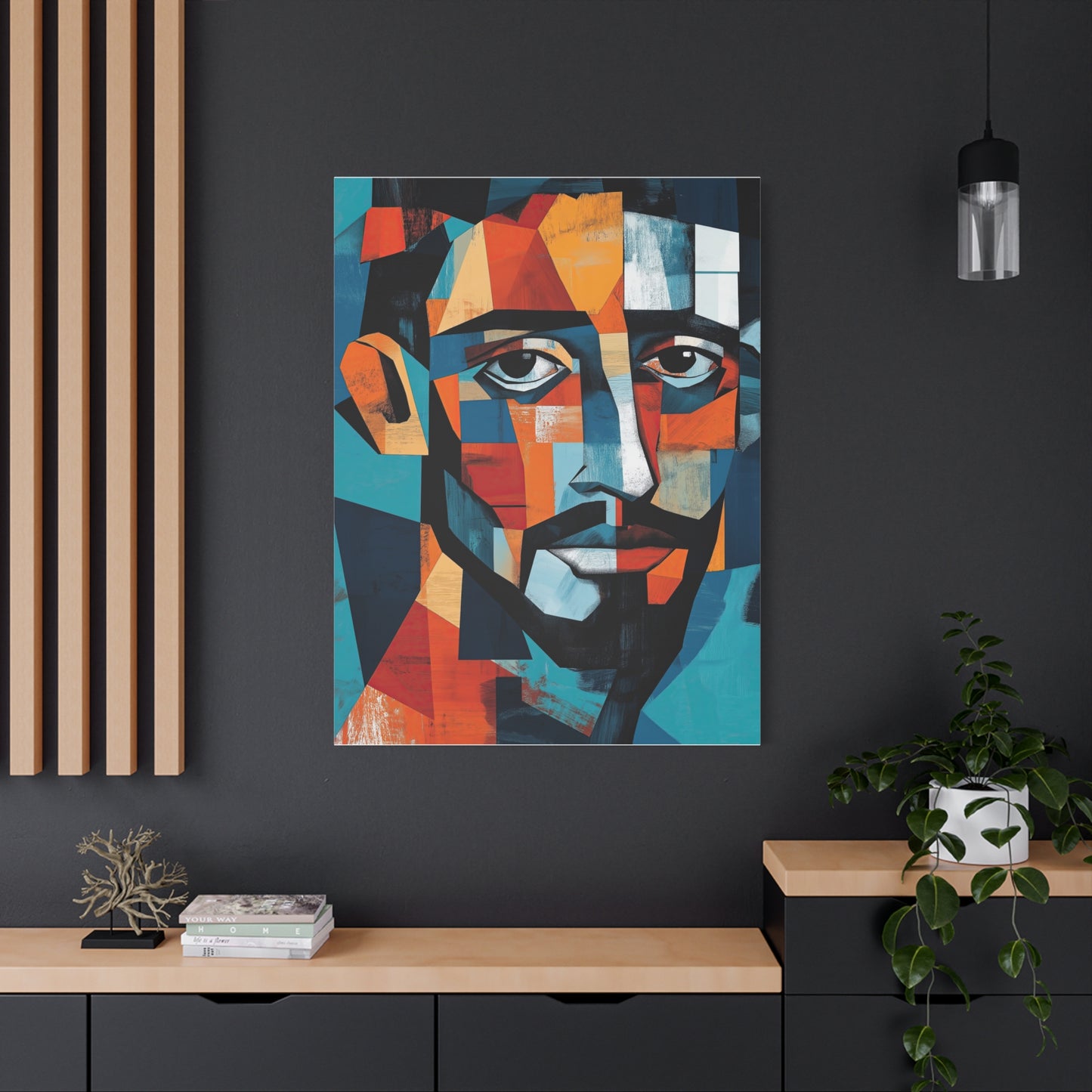 Picasso-Inspired Cubist Portrait Canvas – Geometric Abstract Wall Art in Blue & Orange