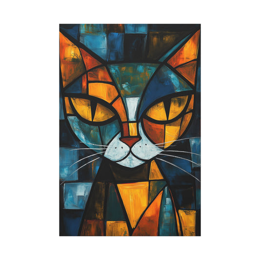 Picasso-Inspired Painting - Cubist Cat Portrait Canvas in Bold Colors (2001)
