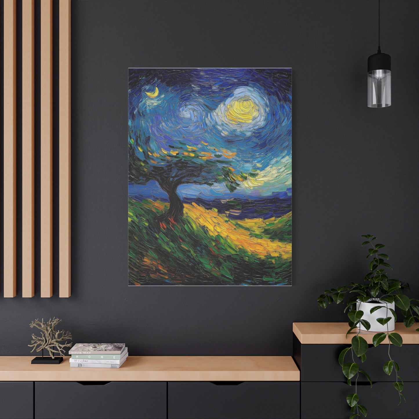 Van Gogh-Inspired Starry Night Landscape – Textured Impressionist Canvas Print