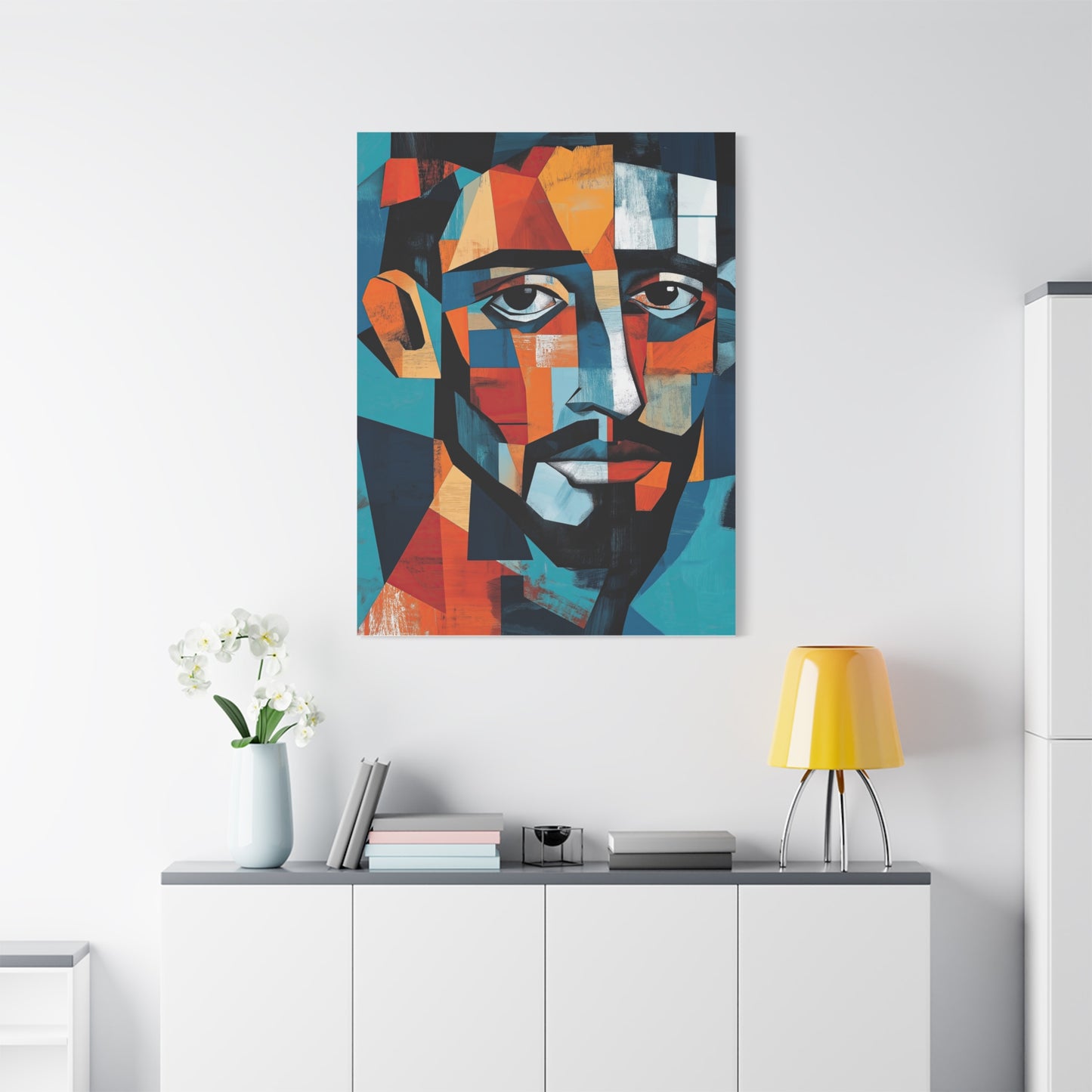 Picasso-Inspired Cubist Portrait Canvas – Geometric Abstract Wall Art in Blue & Orange