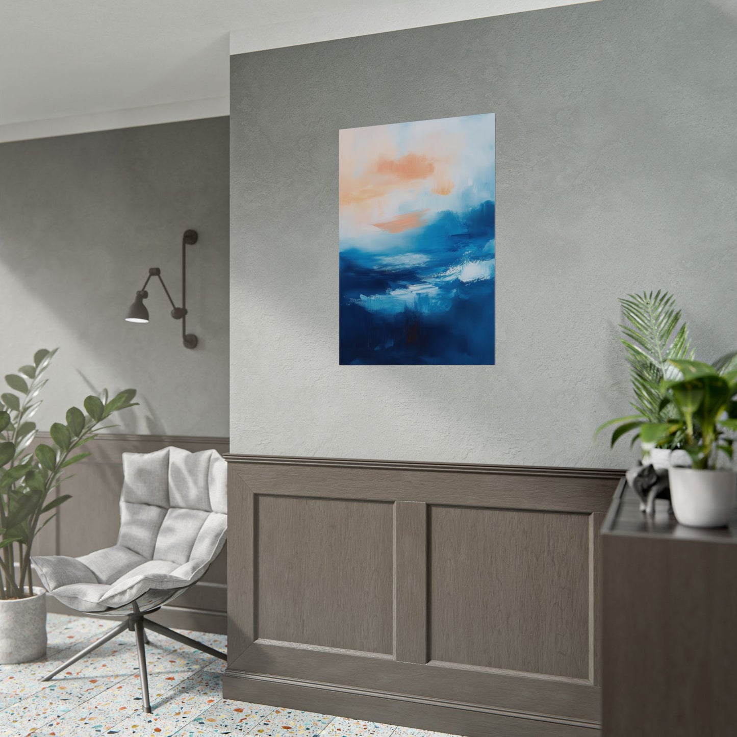 Serene Summer Waves: Dynamic Abstract Artwork in Blue and Sunset Orange (20017)
