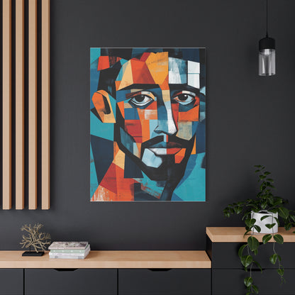 Picasso-Inspired Cubist Portrait Canvas – Geometric Abstract Wall Art in Blue & Orange