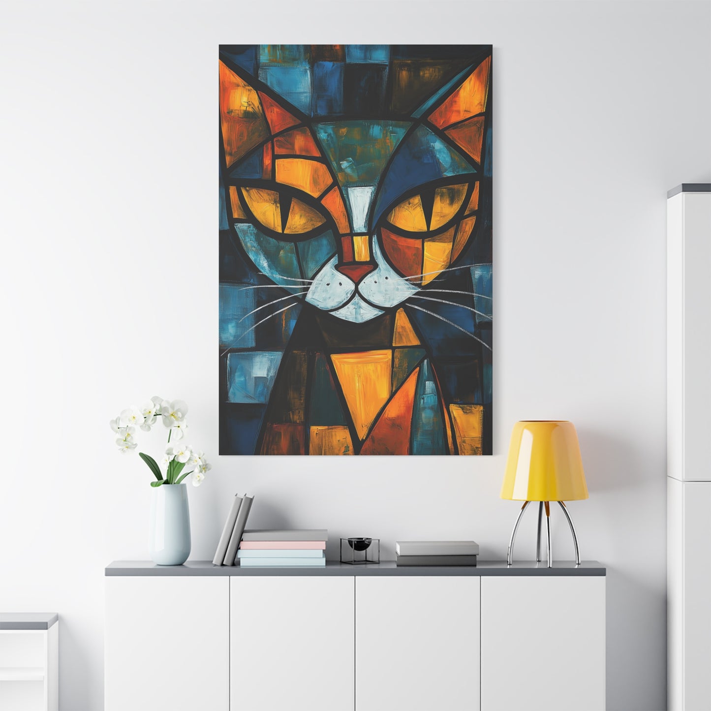 Picasso-Inspired Painting - Cubist Cat Portrait Canvas in Bold Colors (2001)