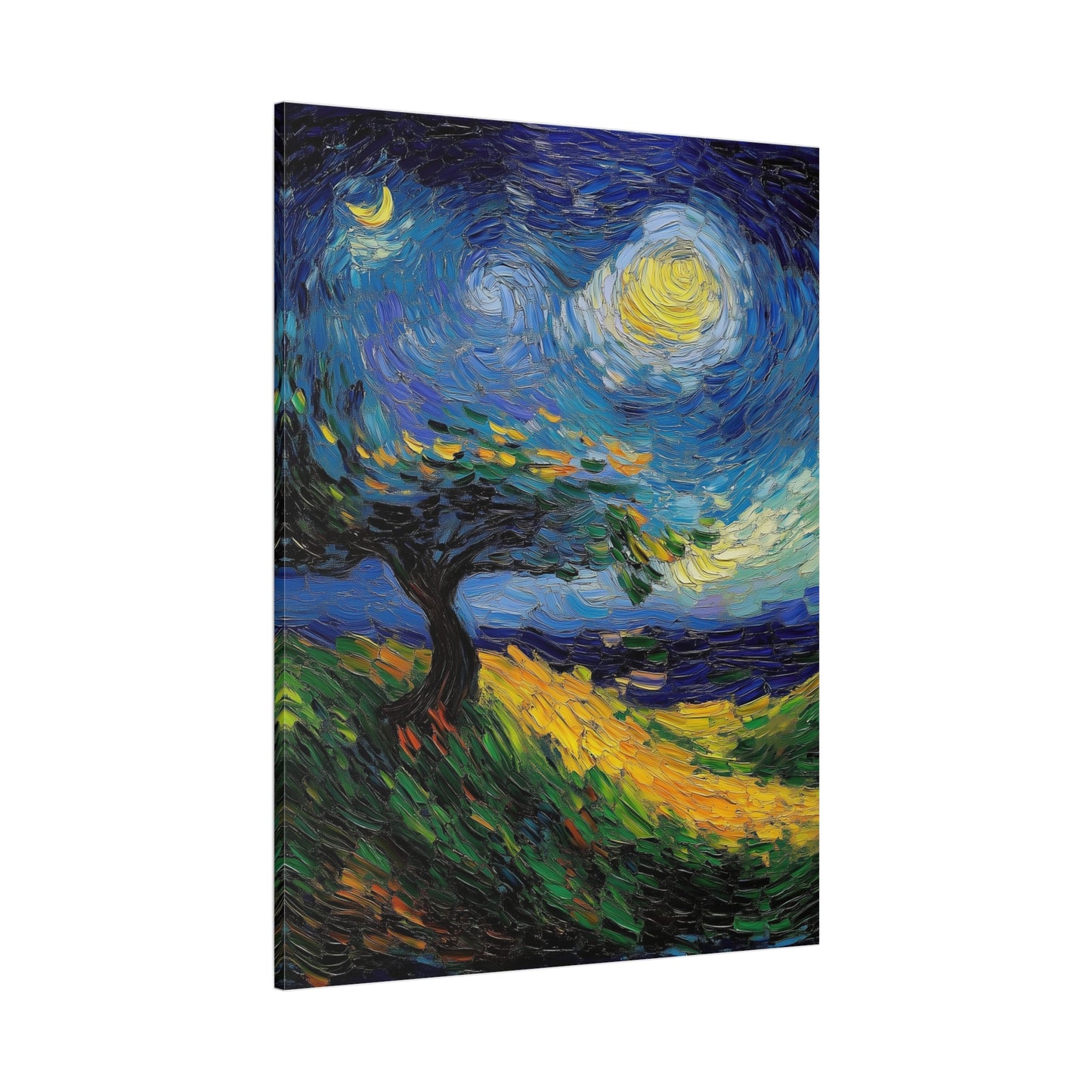 Van Gogh-Inspired Starry Night Landscape – Textured Impressionist Canvas Print