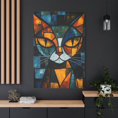 Picasso-Inspired Painting - Cubist Cat Portrait Canvas in Bold Colors (2001)